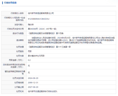 佳木斯市启恒运输有限责任公司被罚款2000元